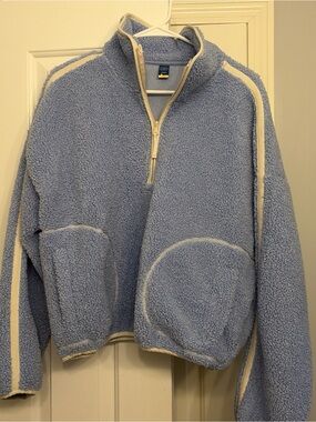 Cozy Light Blue Sherpa Half-Zip Pullover with Cream Trim
